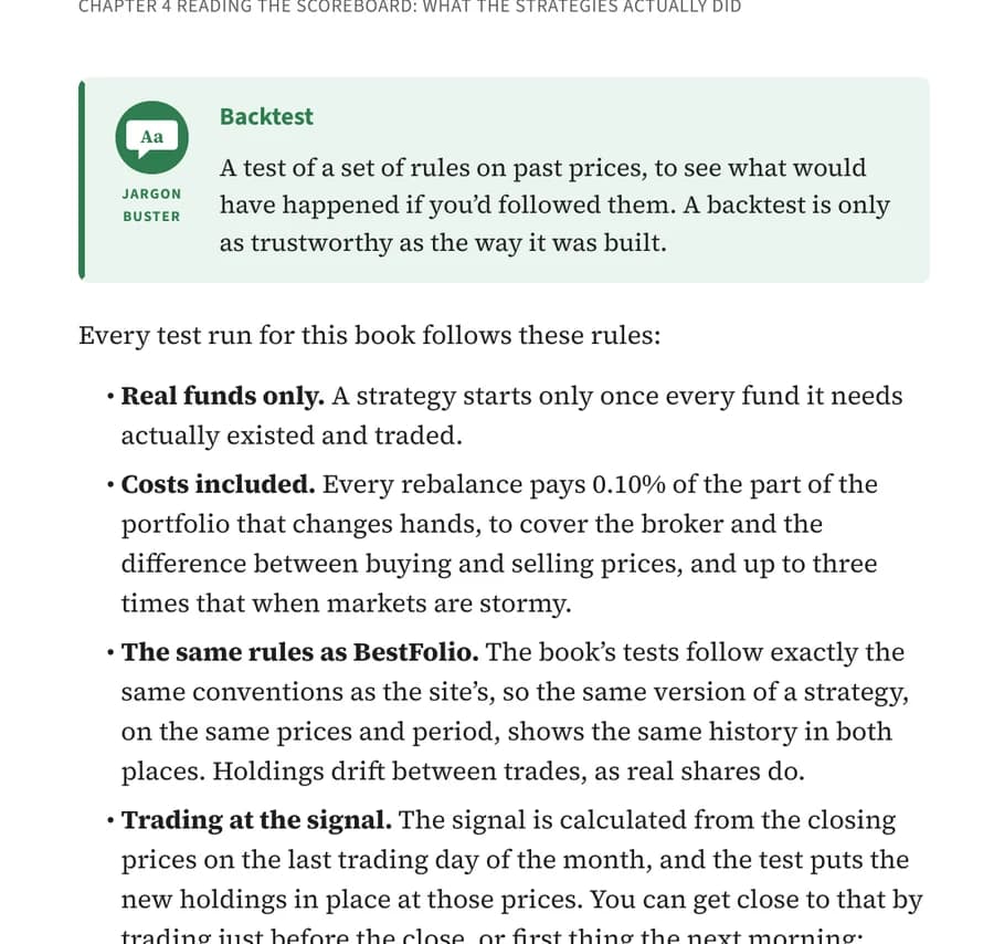 A page from the book with a Jargon Buster box defining a backtest, then the 5 rules every test in the book follows.