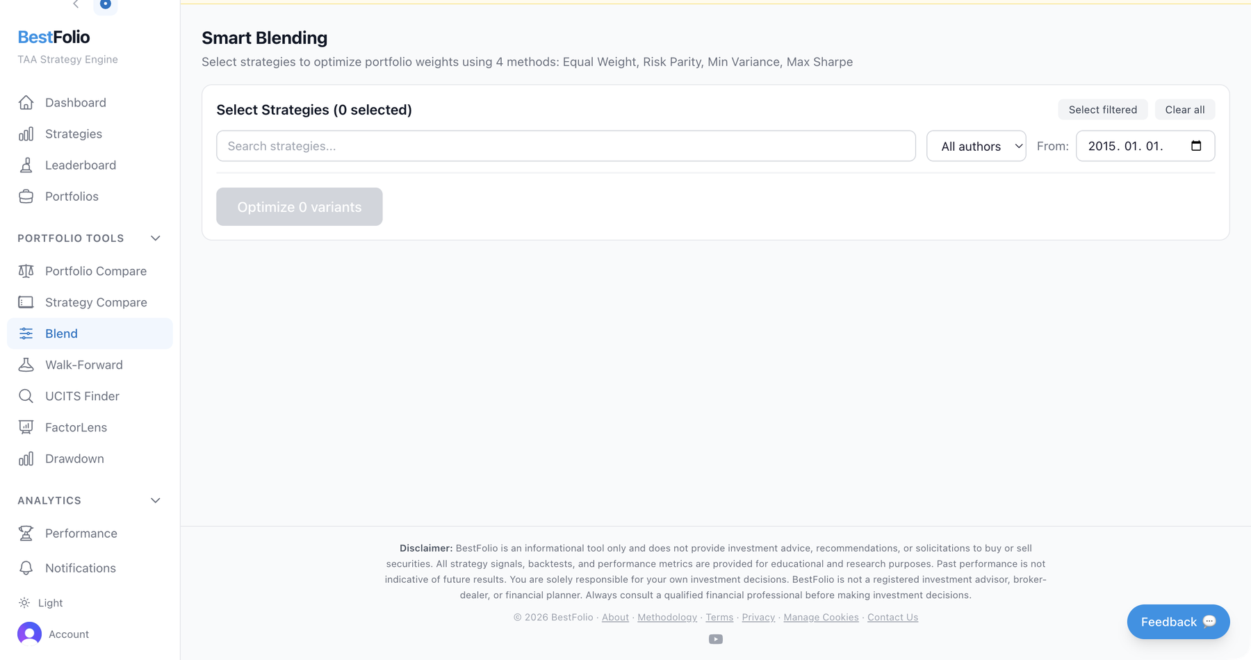 BestFolio Smart Blending interface: select strategies and pick a blending method (Equal Weight, Risk Parity, Min Variance, Max Sharpe).