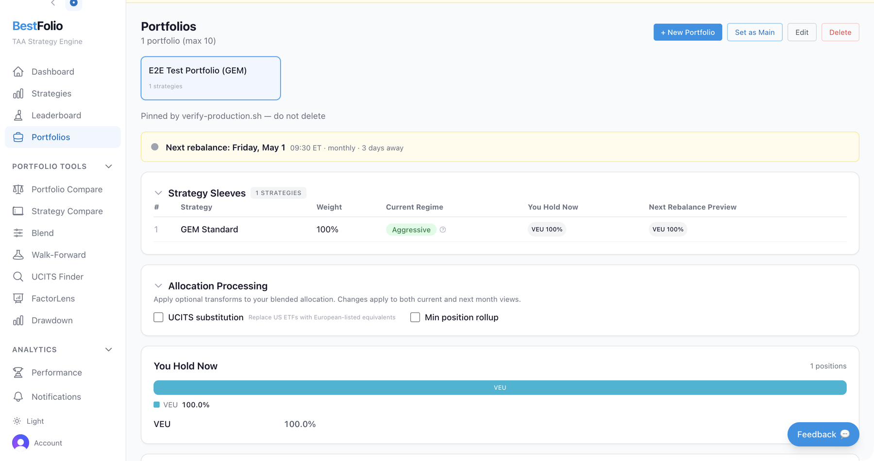 BestFolio Portfolios view: strategy sleeves with weights, current regime, You Hold Now and Next Rebalance Preview columns.