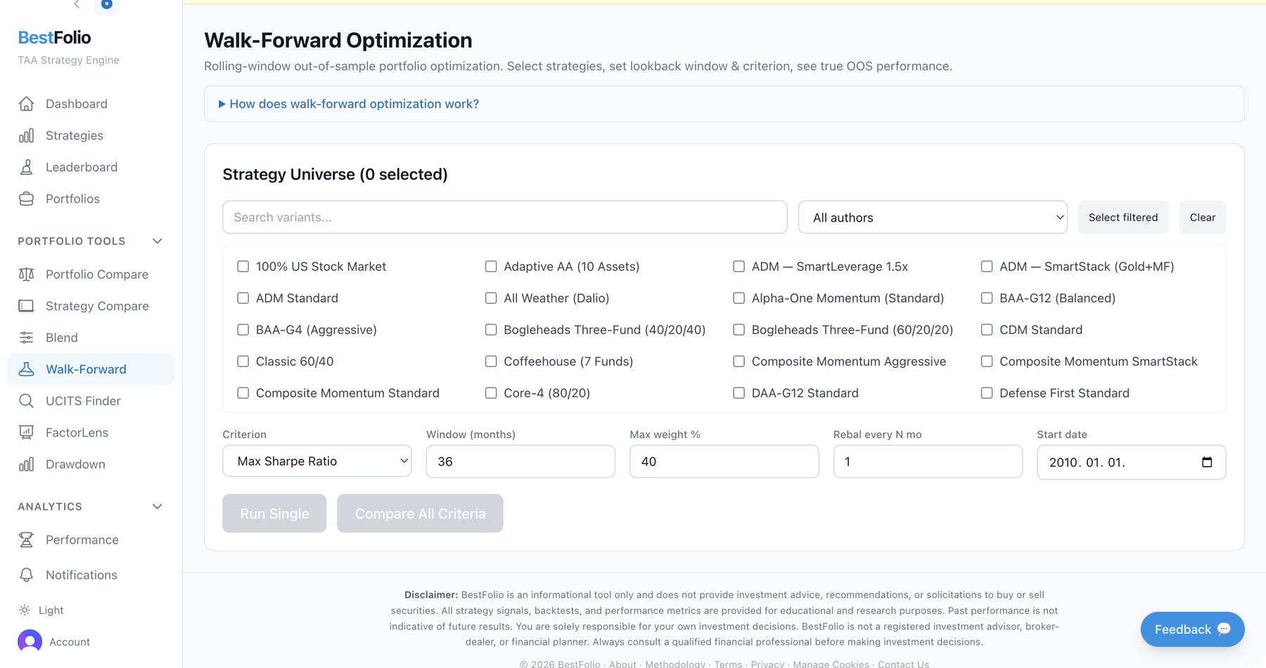 BestFolio walk-forward optimization tool: select strategies, set lookback window and ranking criterion, run rolling out-of-sample portfolio analysis.