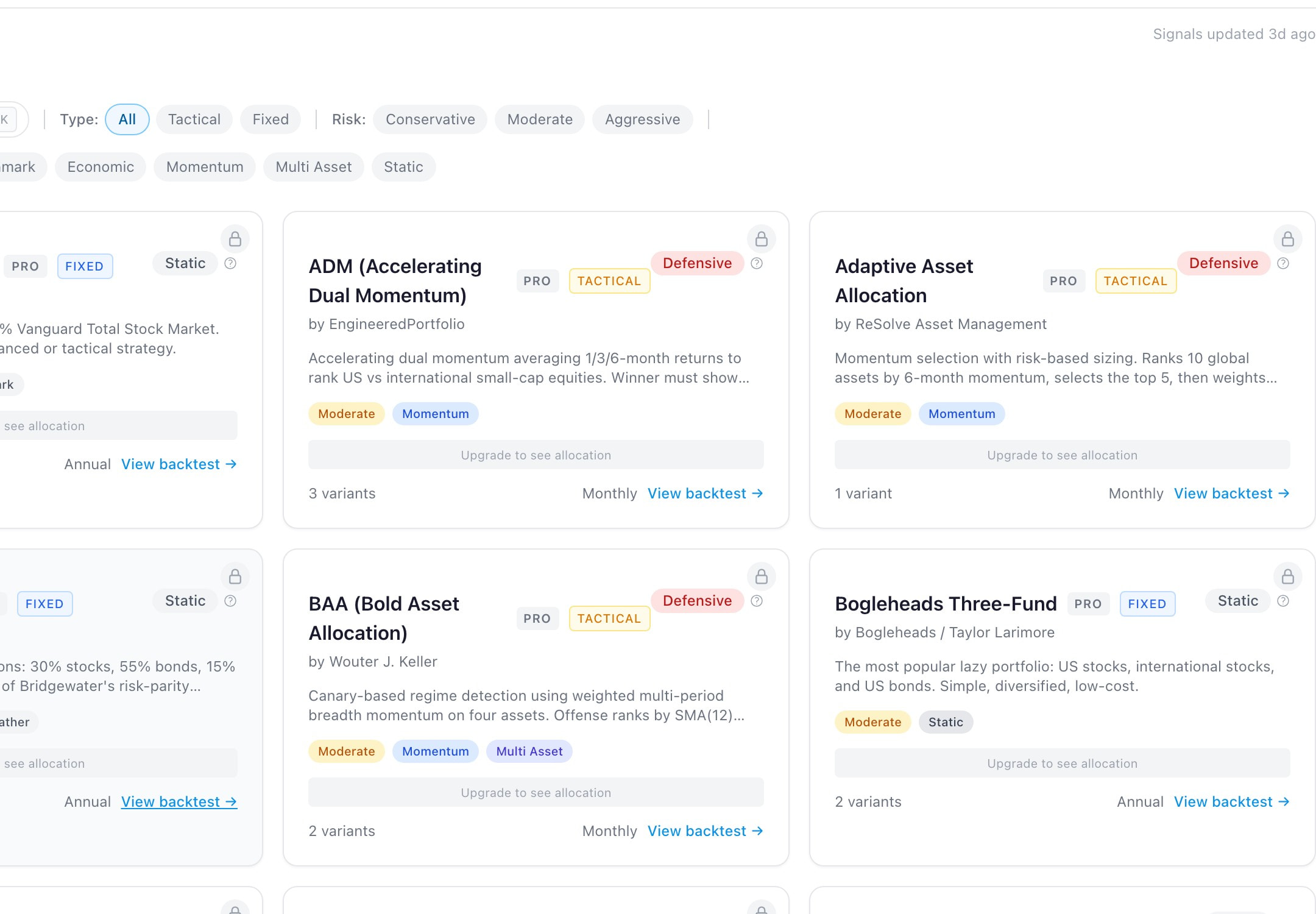 Strategy catalog with filters for type, risk, and category